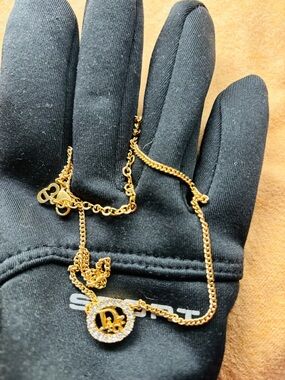 Christian Dior Gold-tone Circle Pendant Necklace with Crystals *Authentic!!
